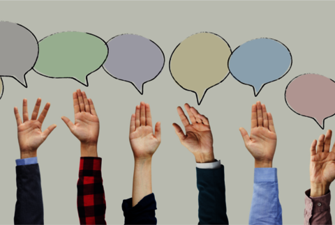 Hände und gemalte Sprechblasen 